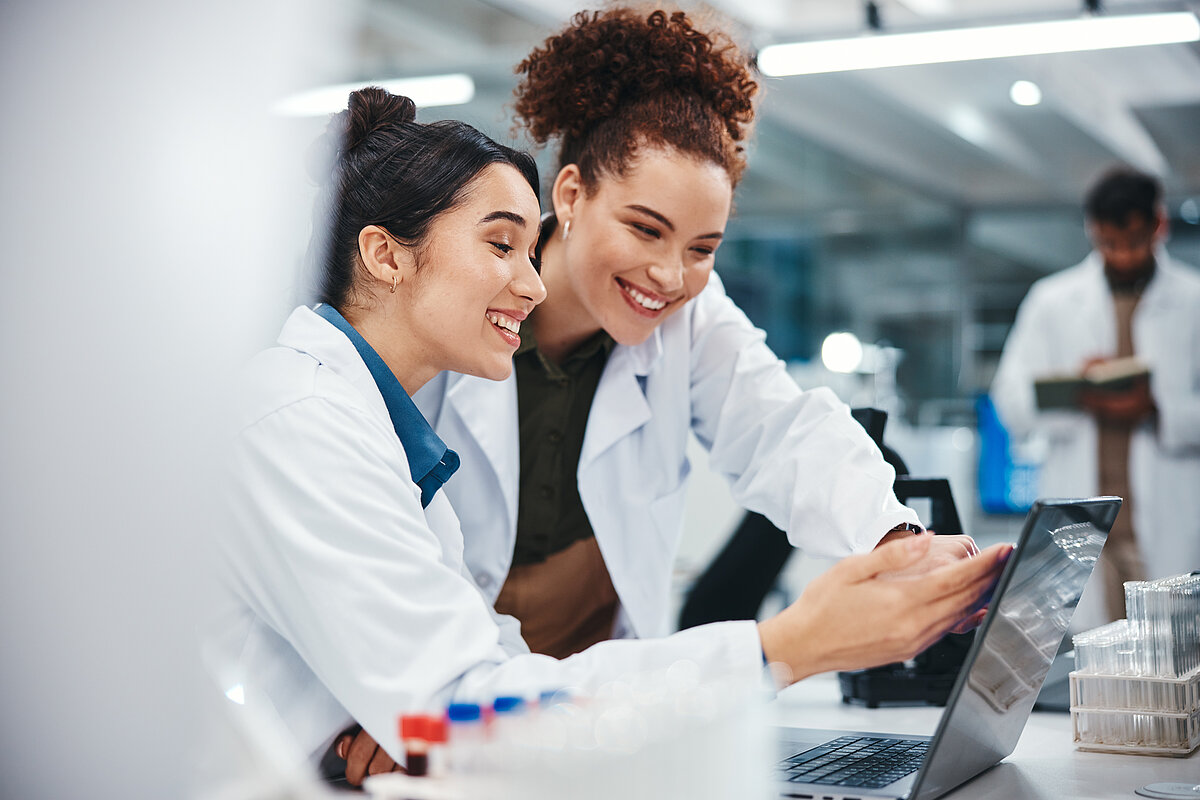 Laptop,,Scientist,And,Women,With,Smile,,Medical,Research,And,Excited