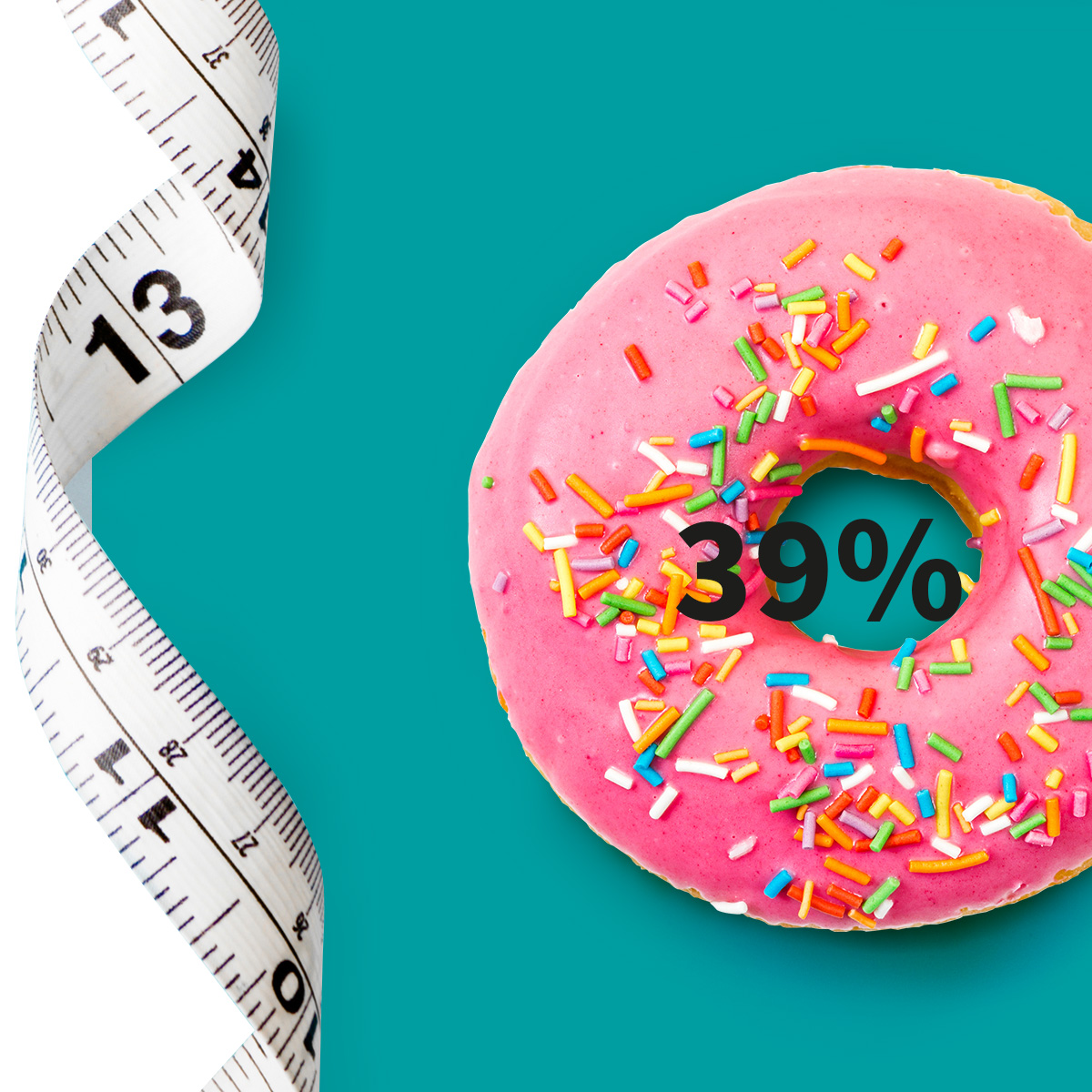 [.CH-de Switzerland (german)] [.DE-de Germany (german)] •	A measuring tape and a doughnut with pink icing and colourful sugar sprinkle as a metaphor for obesity